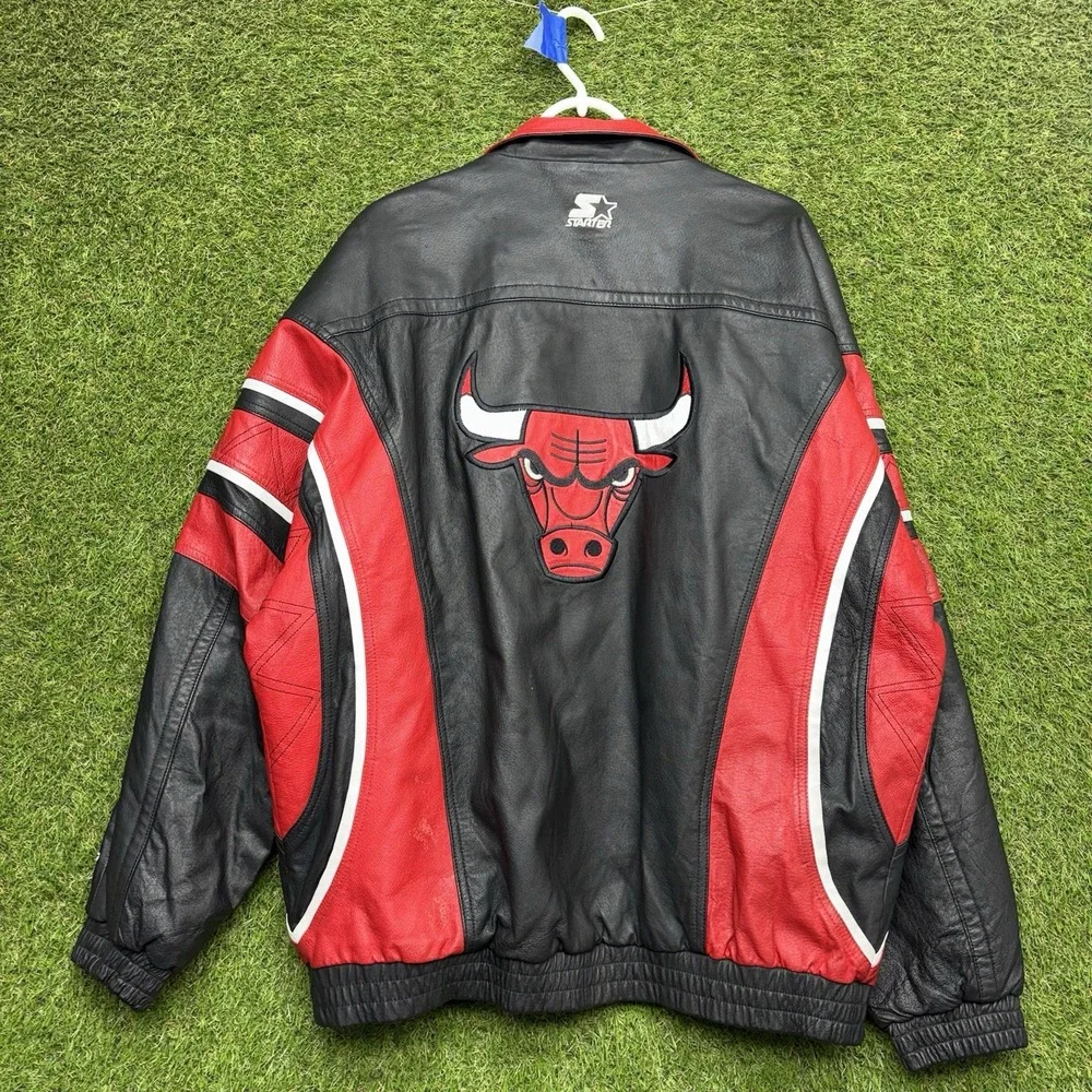 Vintage Chicago Bulls Starter Leather Jacket Mens XL Black Red Full Zip Heavy